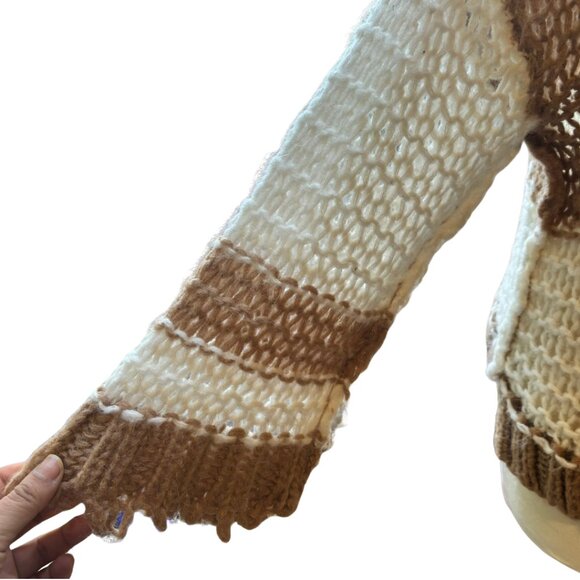 Free People Monaco Cream & Tan Striped Open-Knit Oversized Sweater XS - Picture 6 of 11